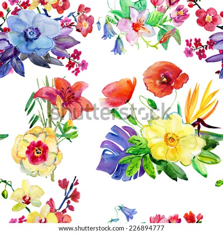 Seamless floral background with flowers. Hand painted watercolor painting.