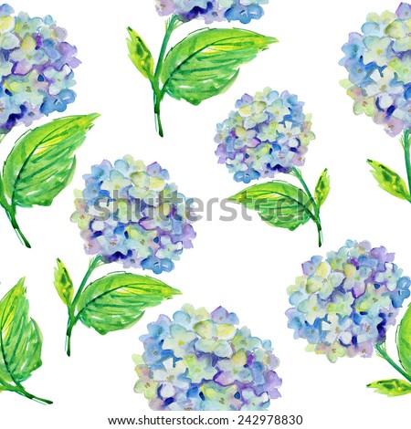 Seamless pattern with Beautiful Hydrangea flowers, watercolor illustration. Vector background.