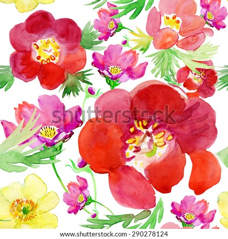 Abstract watercolor hand painted backgrounds with magnolia,peony , cosmos flowers and tropical leaves.