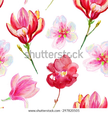 Floral decor. Original floral seamless background. Bright colors watercolor, autumn-summer botanical elements