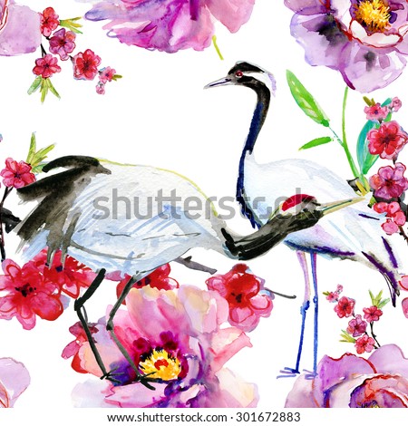 Watercolor asian crane bird seamless pattern. Hand painted flowers and  bamboo illustration on white background