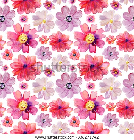 Repeating Pink Watercolor Floral Pattern. Tropical Flower Pattern. Floral Background Pattern