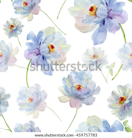 Blue Watercolour Flowers. Seamless background.