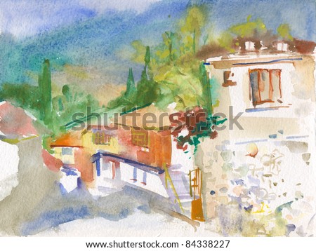 Beautiful landscape with old village houses. watercolor