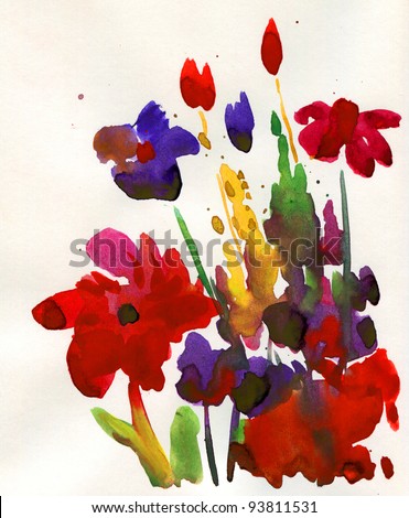 Abstract floral watercolor design with stylized violet flowers on white.