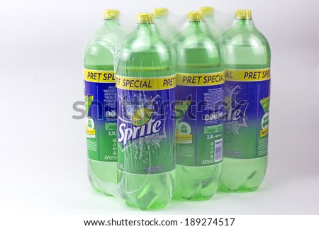 BUCHAREST, ROMANIA - April 26 , 2014: 6 Bottle\'s of Sprite on white background. Sprite is popular lemon-lime flavored soft drink created by Coca-Cola company.
