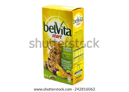 BUCHAREST, ROMANIA - January 9 2015: Belvita, sometimes written belVita or BelVita, is a brand of breakfast biscuit sold originally by Kraft Foods and now by Mondelez International.