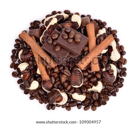 Assorted chocolate candies ,coffee beans,chocolate,  close-up on white background