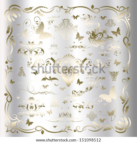 Vintage floral elements, ornament frames and gold flourishes  on a silver background