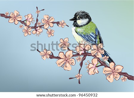 stock vector Realistic Cherry blossom sakura and realistic sparrow free 