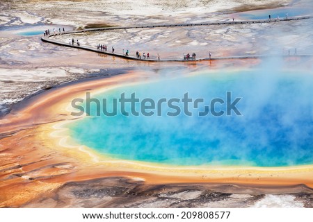 YELLOWSTONE NATIONAL PARK, WY - AUG 2: Grand Prismatic Spring on Saturday, Aug 2, 2014, the same day a tourist crashed a drone into the famous hot spring located in YELLOWSTONE NATIONAL PARK, WY.