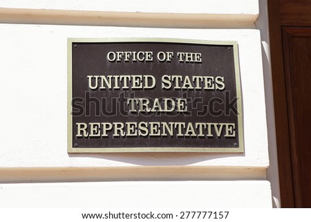 WASHINGTON, DC - MAY 4: Plaque outside the Office of the United States Trade Representative in downtown Washington, DC on May 4, 2015.