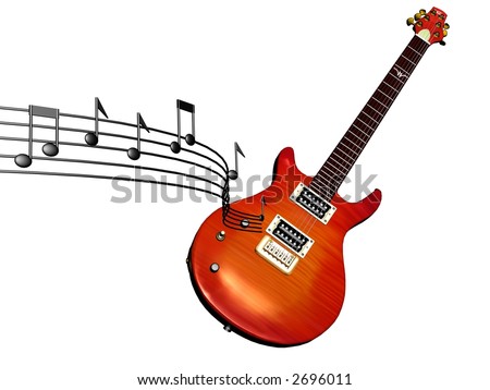 3d model of electric guitar with music notes flowing