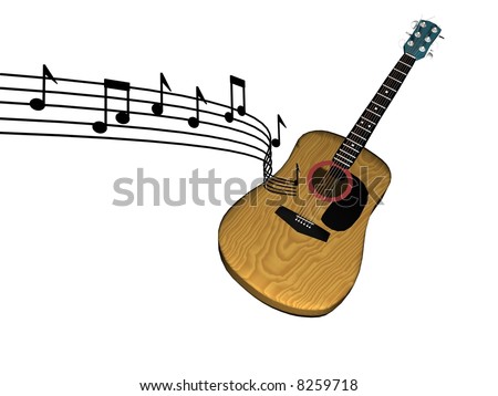 3d illustration of a classical guitar with notes floating on a music score
