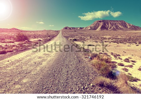 Travel and adventures through remote desert landscape.Desert landscape and road.Sunset scenic