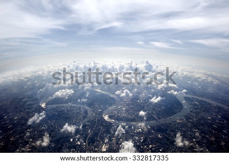 Aerial overview Bangkok cityscape.Town scenery above the clouds