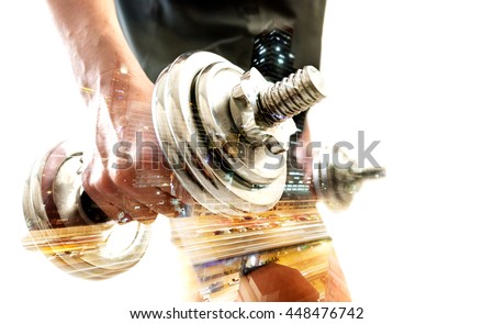 Healthy life and gym exercise.Gym equipment and sport concept.Double exposure background.Dumbbells.