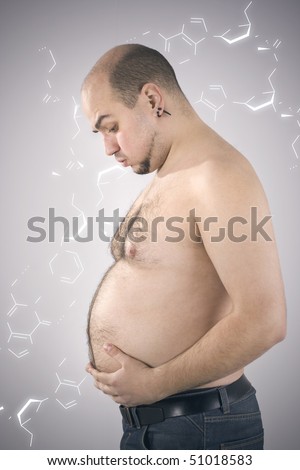 A supposed pregnant male feeling the weight of the pregnancy with DNA code in the background.