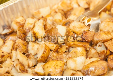 Roast potato cubes have a flavorful and crispy exterior from high baking temperatures. Despite the crisped exterior, the innards of the potato cubes remain fluffy and moist.