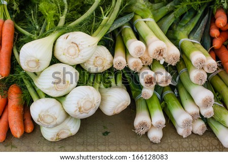 Bunches of fresh leek and fennel for sale at local farmers market.