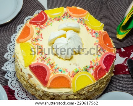 Layer cake is a cake consisting of multiple layers, usually held together by frosting or another type of filling, such as jam or other preserves