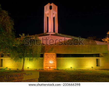 All Saints\' Episcopal Church is in downtown Palo Alto, California at the intersection of Hamilton and Waverley streets, one block south of University Avenue.