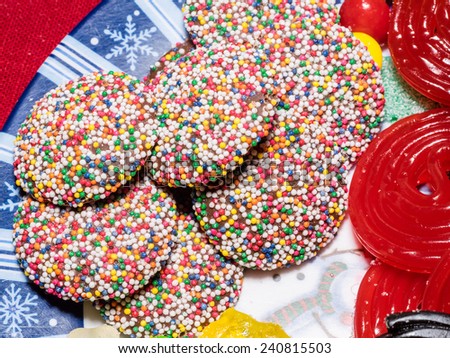 Various candies used for decorating gingerbread house before Christmas