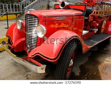 Red vintage Diamond T fire truck