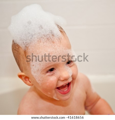 Bubbles on top of the water, less ambiguously known as a foam bath (see photo), can be obtained by adding a product containing foaming surfactants to water and temporarily aerating it by agitation
