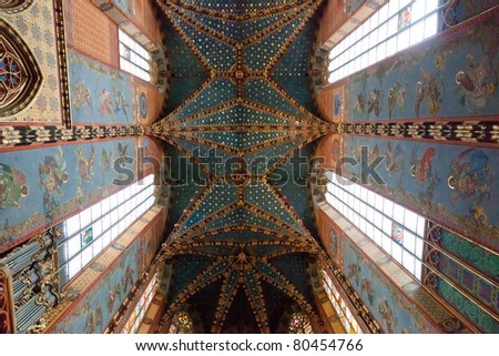 Interior of St. Mary's Basilica, a Brick Gothic church re-built in the 14th century (originally built in the early 13th century), adjacent to the Main Market Square in KrakÃ³w, Poland.