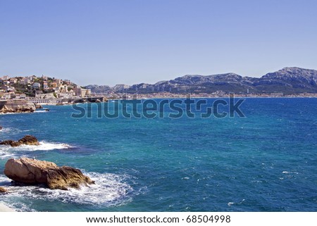 Marseilles, France, S-E sector: South eastern section of the city of Marseilles, France, seen from Mediterranean Sea.