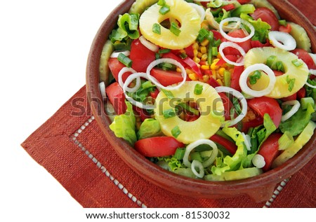Californian Salad: mixed salad with pineapple, tomatoes, cucumber, lettuce, onion..