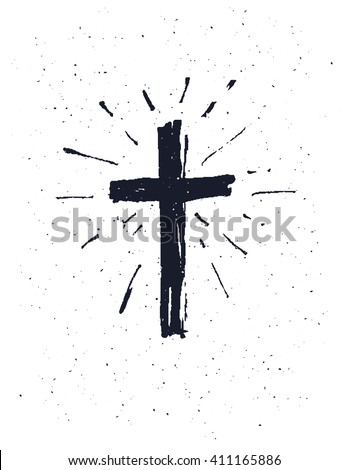 Hand drawn black grunge cross, simple Christian cross sign,  isolated on white background.