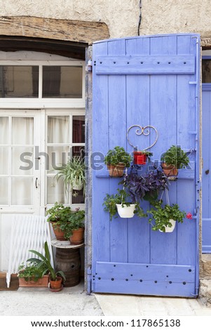 French lavender blue door with plants