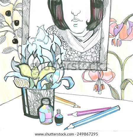 Still life with pencil, ink, art flower and part of girl portrait. Hand drawn illustration on paper by pencil, ink, watercolor & felt-tip pen over white background
