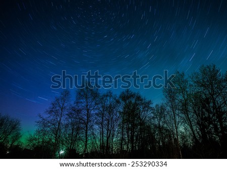 Trees at night with star and Polaris