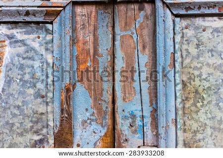 Background texture with old galvanized metal, rusts, scrapes, scratches, cracks, stone and woods. Modern vintage style.