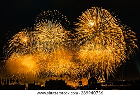 Fireworks over silhouette the city of St. Petersburg (Russia) on the feast of \
