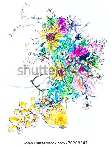 Abstract watercolor of flowers and fruits on white background