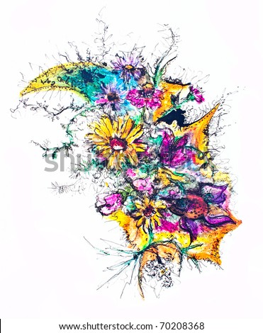 Abstract watercolor of flowers and fruits on white background