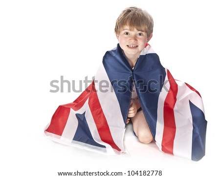 Young England football fan with Union Jack flag Isolated on white background