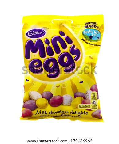 SWINDON, UK - FEBRUARY 28, 2014: Packect of Cadburys Mini Eggs on a White Background