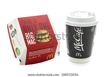 SWINDON, UK - APRIL 24 2014: McDonalds Big Mac with McCafe Coffee on a white background