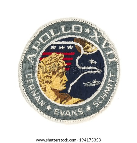 SWINDON, UK - FEBRUARY 23, 2014: Apollo 17 Mission Badge from the last  Moon landing