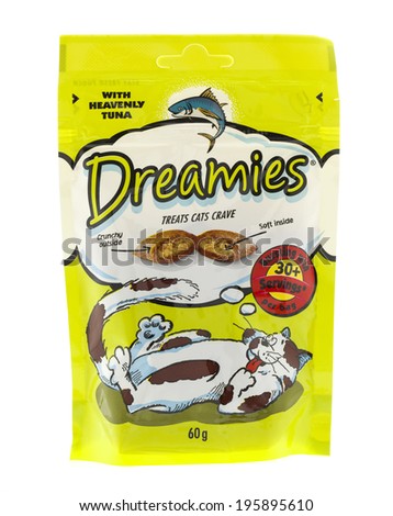 SWINDON, UK - MAY 31, 2014: Pack Of Dreamies Cat Treats With Tuna on a White Background