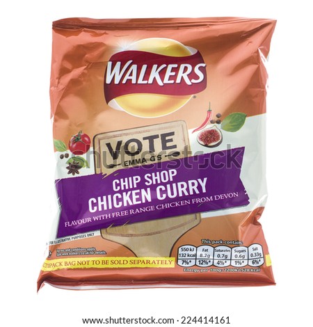 SWINDON, UK - OCTOBER 18, 2014: A Bag of Walkers Chip Shop Chicken Curry Flavour crisps (new 2014 packaging) isolated on a white background. Walkers is a British snack food manufacturer