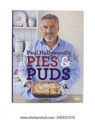 SWINDON, UK - JANUARY 1, 2015: Paul Hollywood\'s Pies and Puds Cook Book on  White,  Paul Hollywood is an English baker, celebrity chef and judge on the BBC One\'s The Great British Bake Off