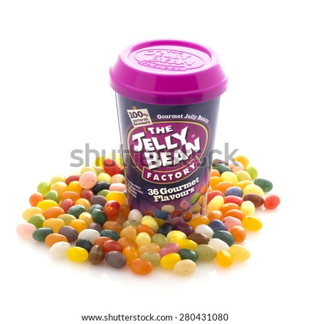 SWINDON, UK - MAY 3, 2015: Tub Of The Jelly Bean Factory Gourmet Jelly Beans on a White Background