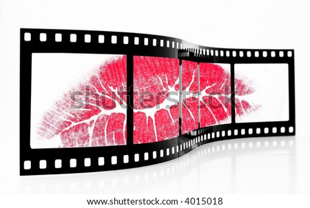 Old grainy  film strip with lipstick kiss