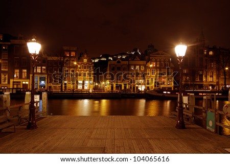 Romantic street view in Amsterdam the Netherlands at night